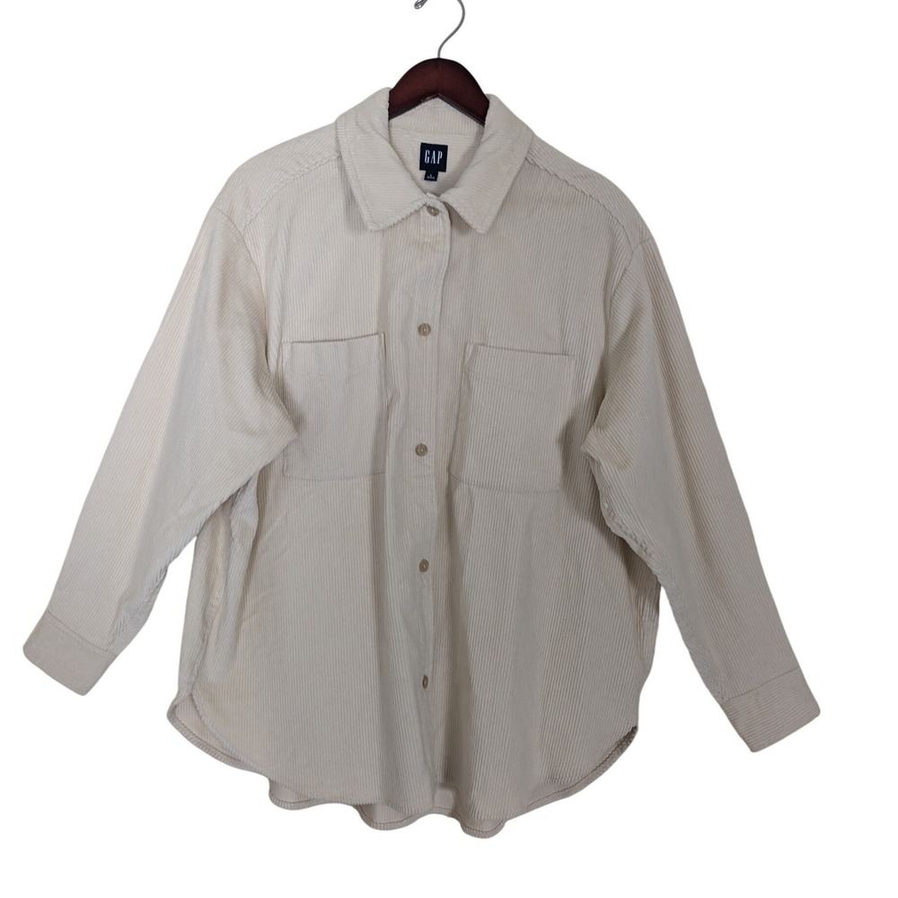 Gap Women L Cream Corduroy Button Up Shirt Oversized Shacket Off White NWT